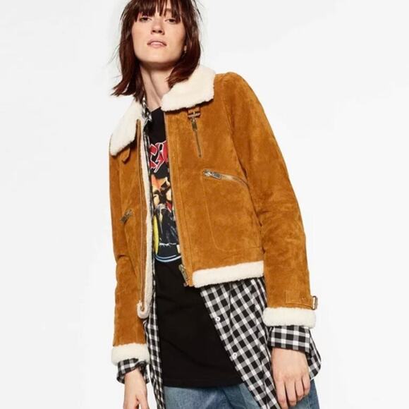 Zara Tan Suede Cropped Moto Jacket - Picture 1 of 9